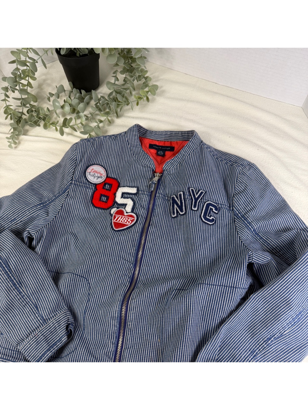 Tommy Hilfiger Girls Large 12-14 Blue Pinstripe Zip Jacket NYC 85